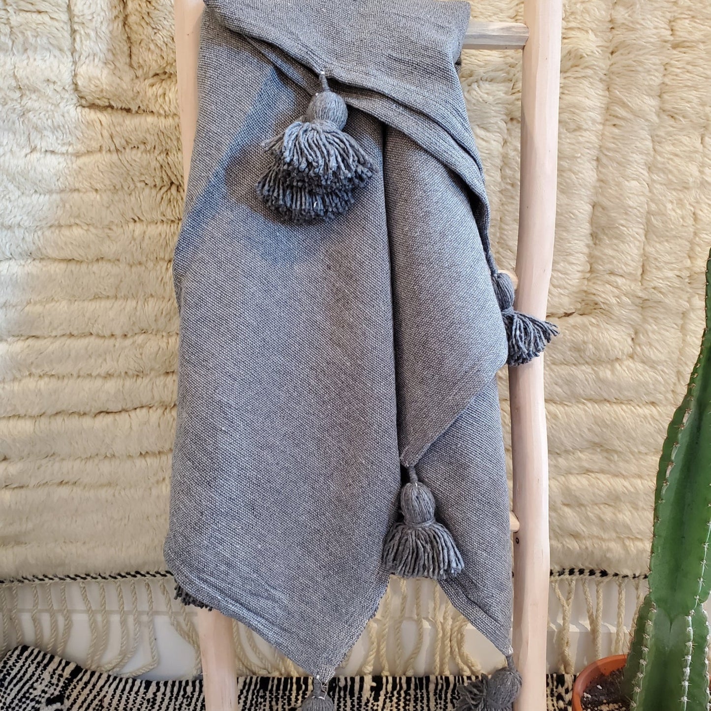 Light Gray Moroccan Blanket with Pompom