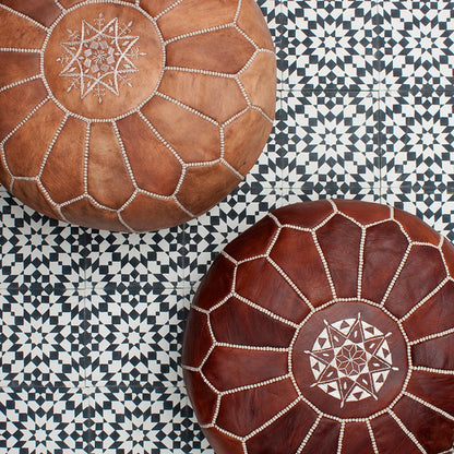 Light Brown Leather Round Moroccan Pouf