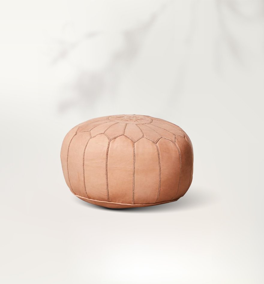 Natural Leather Round Moroccan Pouf