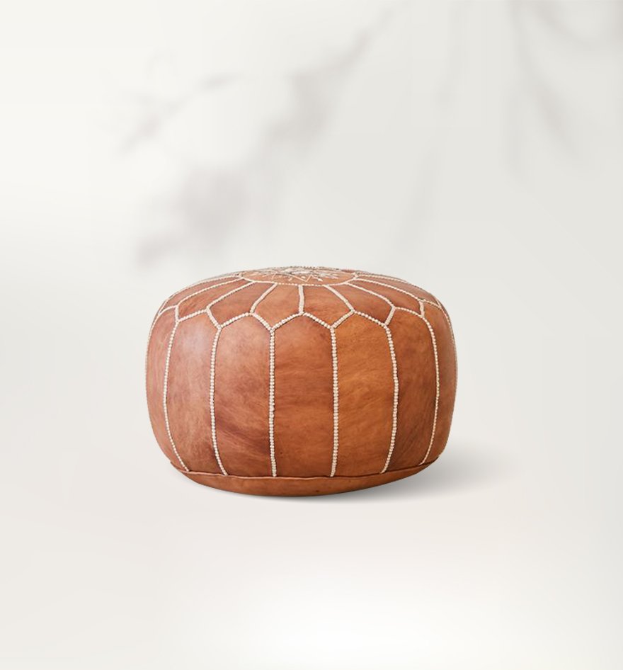 Light Brown Leather Round Moroccan Pouf