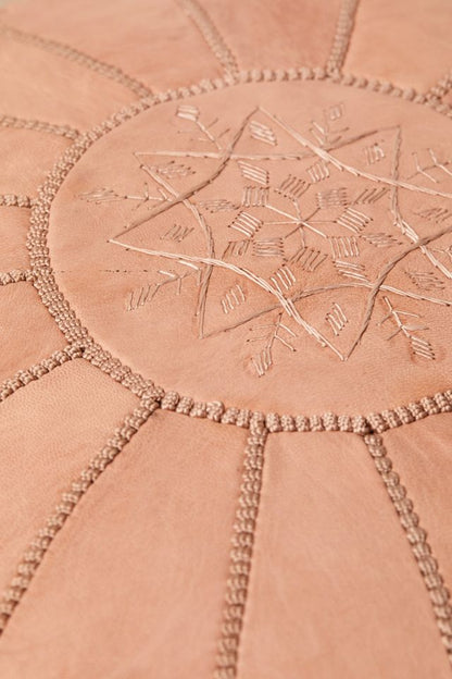 Natural Leather Round Moroccan Pouf