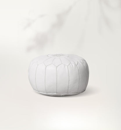 White Leather Round Moroccan Pouf