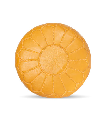 Mustard Leather Round Moroccan Pouf