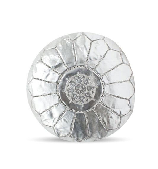 Silver Leather Round Moroccan Pouf