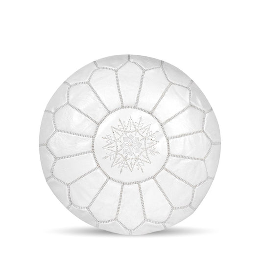 White Leather Round Moroccan Pouf