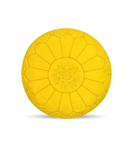 Yellow Leather Round Moroccan Pouf