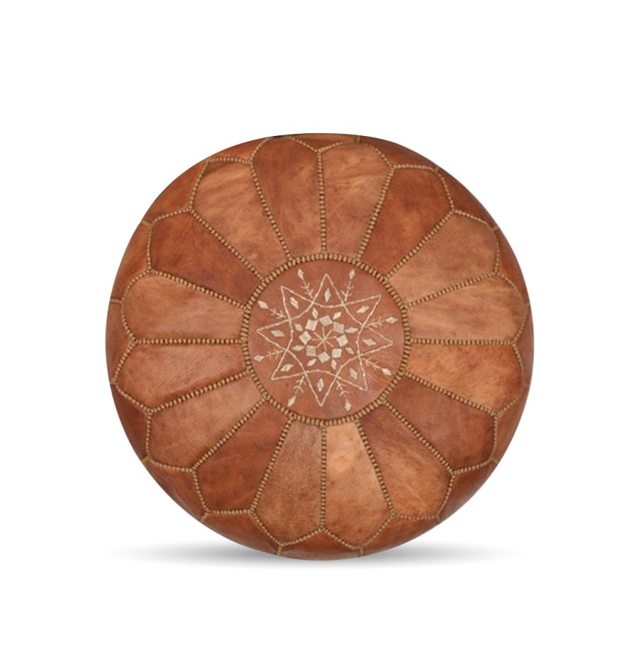 Light Brown Leather Round Moroccan Pouf