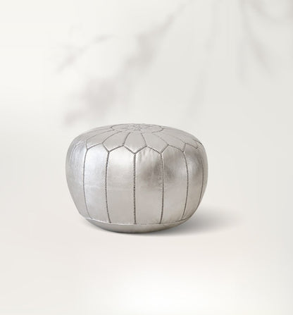 Silver Leather Round Moroccan Pouf