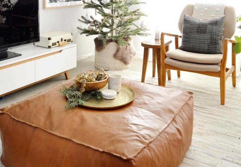 Moroccan Leather Coffee Table | Unstuffed Pouf | Genuine Leather Square Ottoman | Large Ottoman Pouf | Bohemian Furniture | Square Footstool