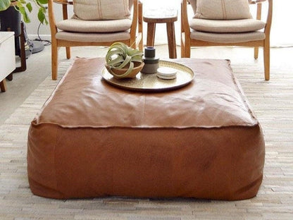 Moroccan Leather Coffee Table | Unstuffed Pouf | Genuine Leather Square Ottoman | Large Ottoman Pouf | Bohemian Furniture | Square Footstool