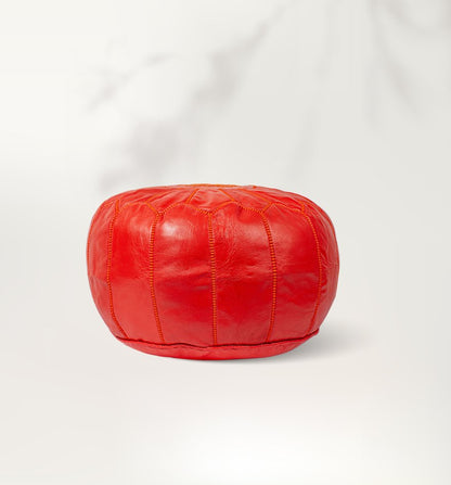 Red Leather Round Moroccan Pouf