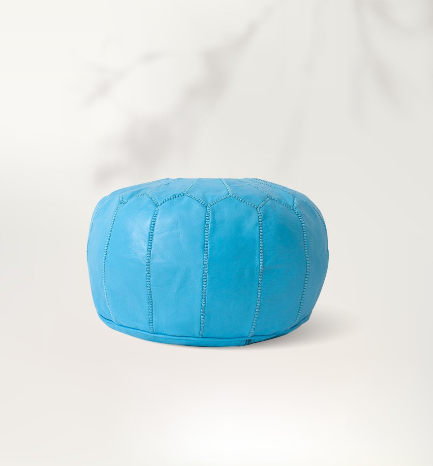 Turquoise Leather Round Moroccan Pouf