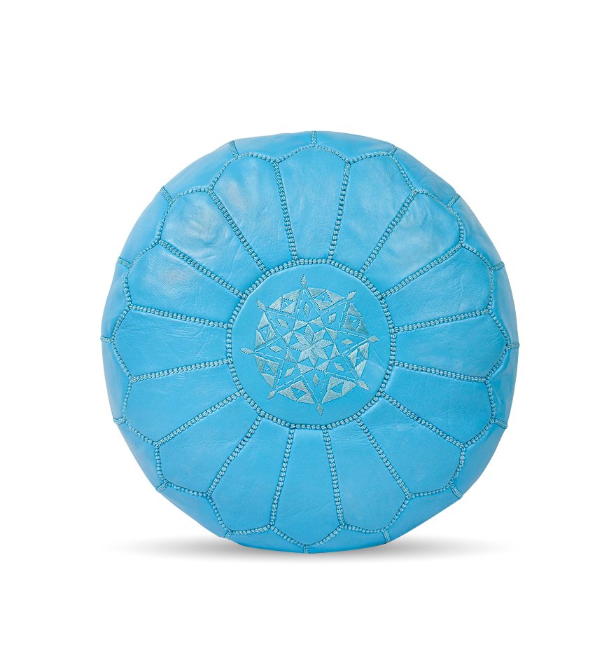 Turquoise Leather Round Moroccan Pouf