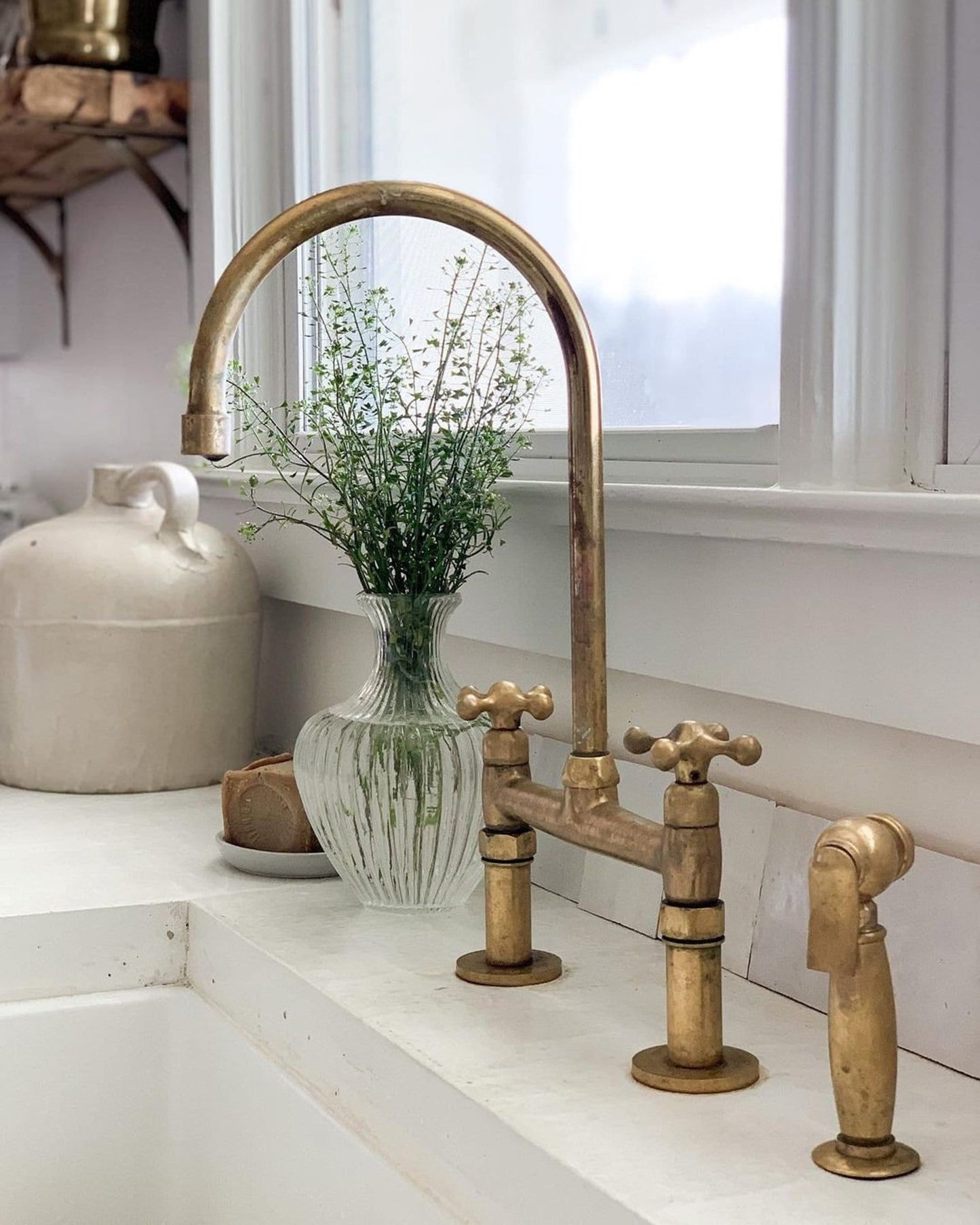 Unlacquered Brass Kitchen Faucet, Solid Brass 8" Bridge faucet with Cross Handles and Straight Legs