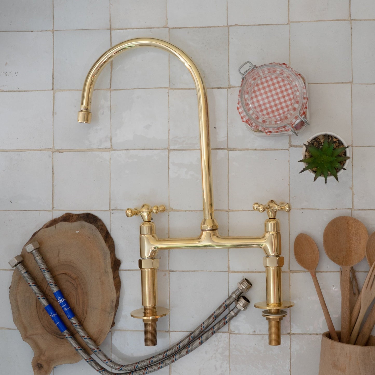 Unlacquered Brass Kitchen Faucet, Solid Brass Bridge faucet with sprayer golden shade rustic feeling island