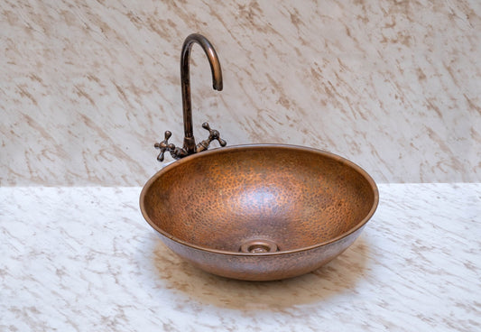 Round Copper Vessel Bathroom Sink , Vessel Hammered Copper Sink with free Faucet gift