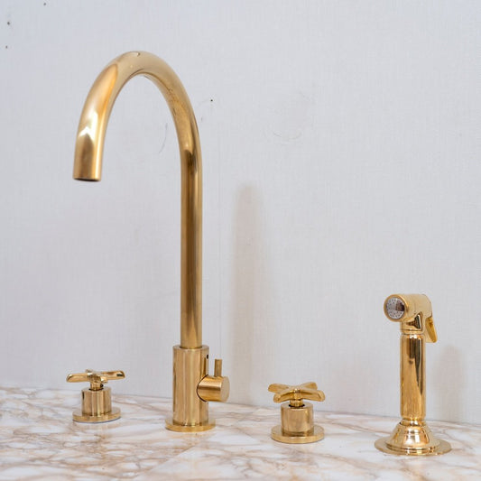 Unlacquered Brass 4 Holes Bathroom Faucet With Diverter - Brassna