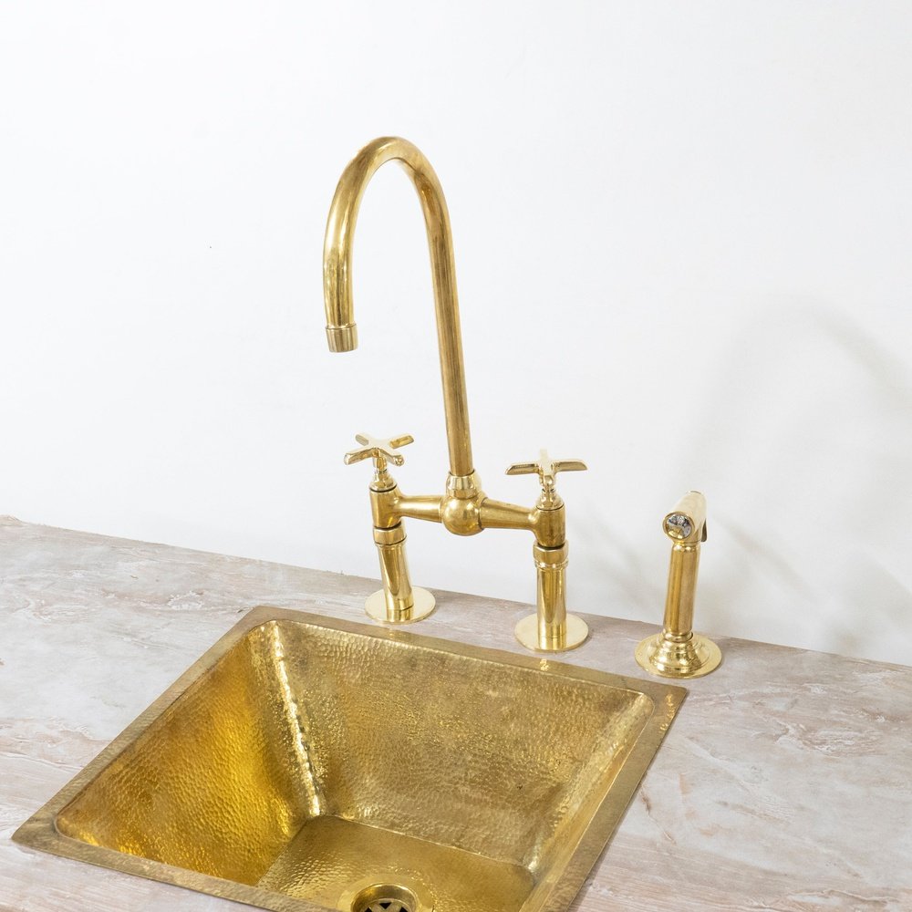 Unlacquered Brass Bridge Faucet With Hand Sprayer