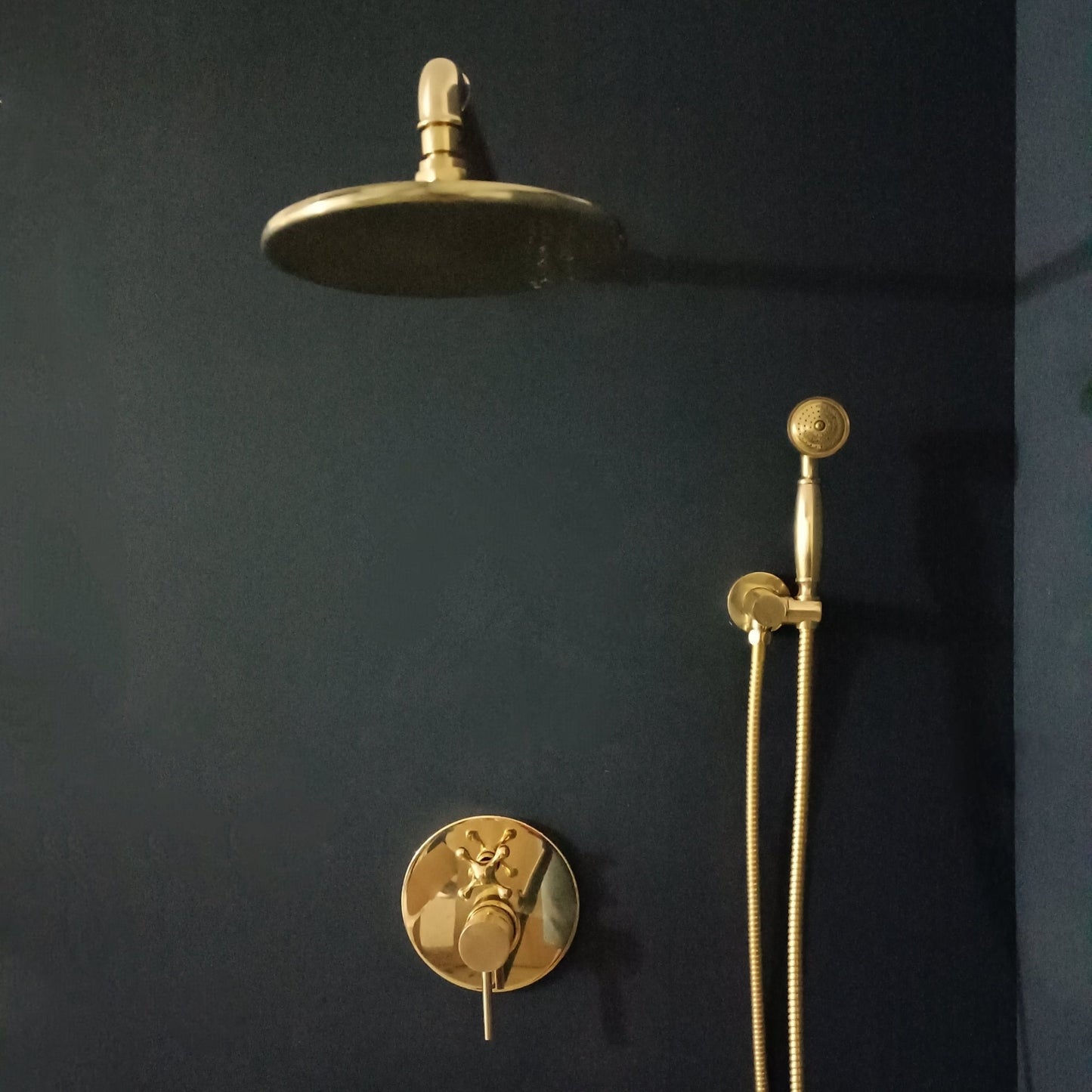 Unlacquered Brass Concealed Shower with cross handle