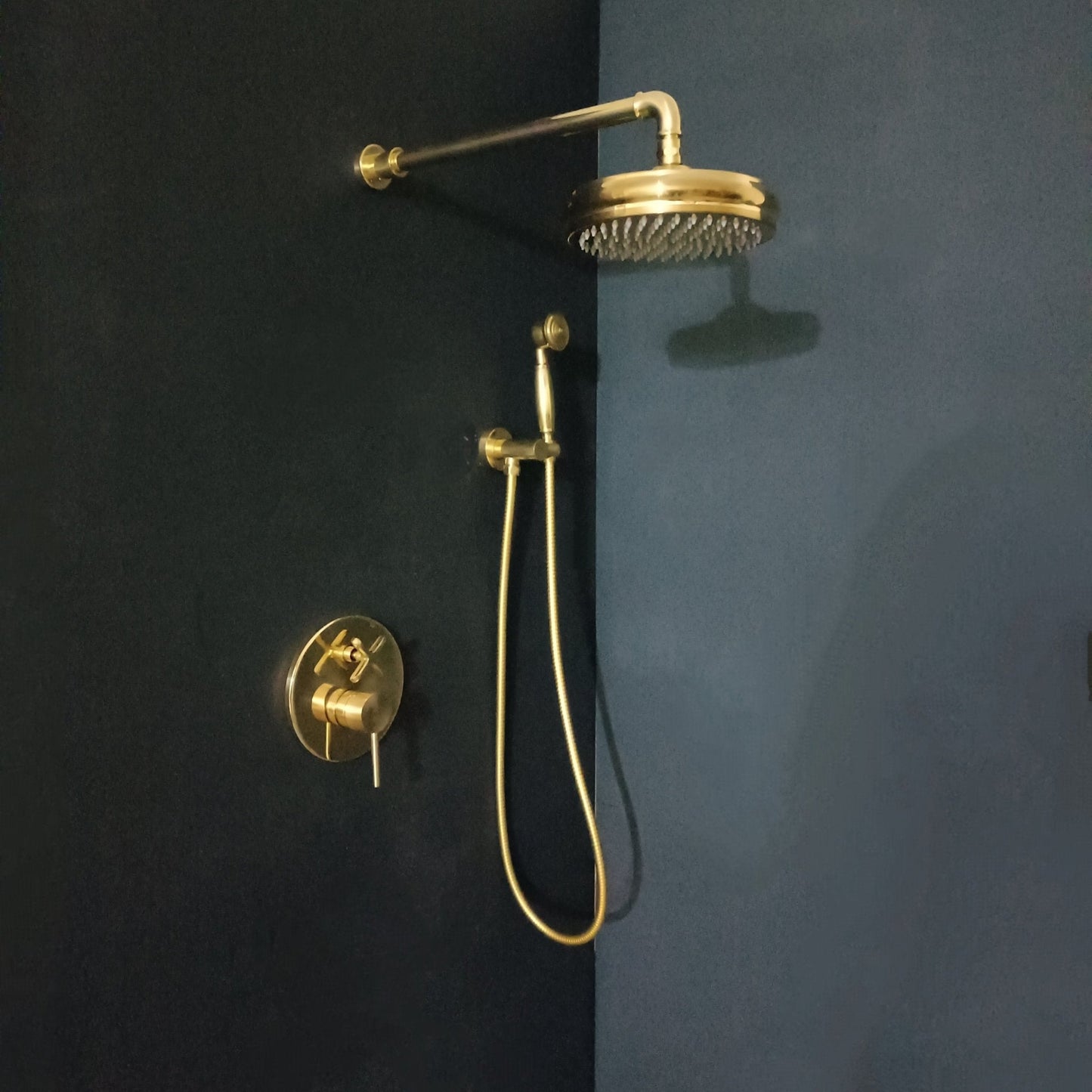 Unlacquered Brass Concealed Shower with cross handle