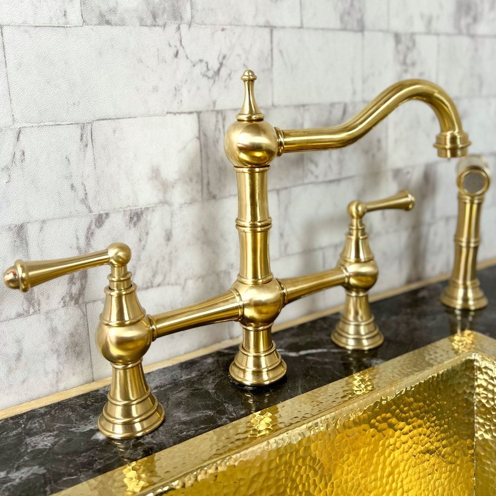 Unlacquered Brass Deck Mount Column Spout 3 Leg With Sidespray