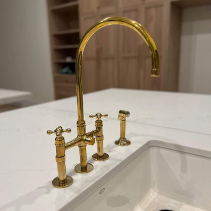 Unlacquered Brass Kitchen Bridge Faucet With Side Sprayer