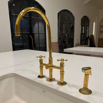 Unlacquered Brass Kitchen Bridge Faucet With Side Sprayer