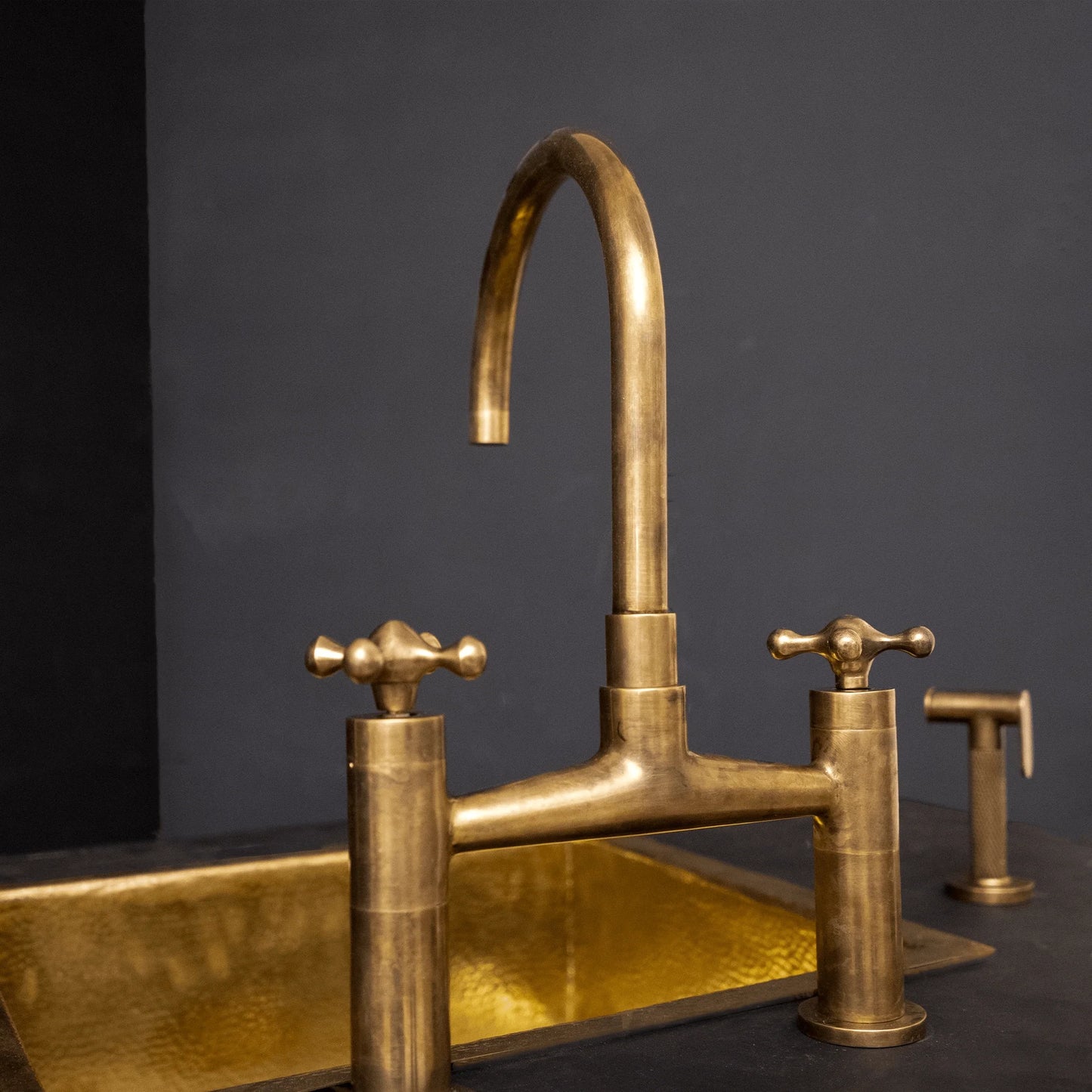 Unlacquered Brass Kitchen Bridge Faucet With Sprayer & Cross Handles