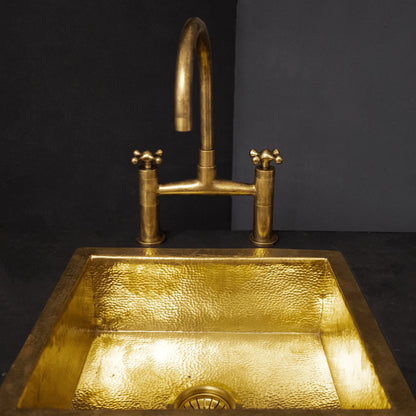 Unlacquered Brass Kitchen Bridge Faucet With Sprayer & Cross Handles