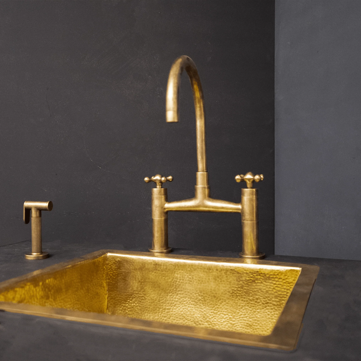 Unlacquered Brass Kitchen Bridge Faucet With Sprayer & Cross Handles