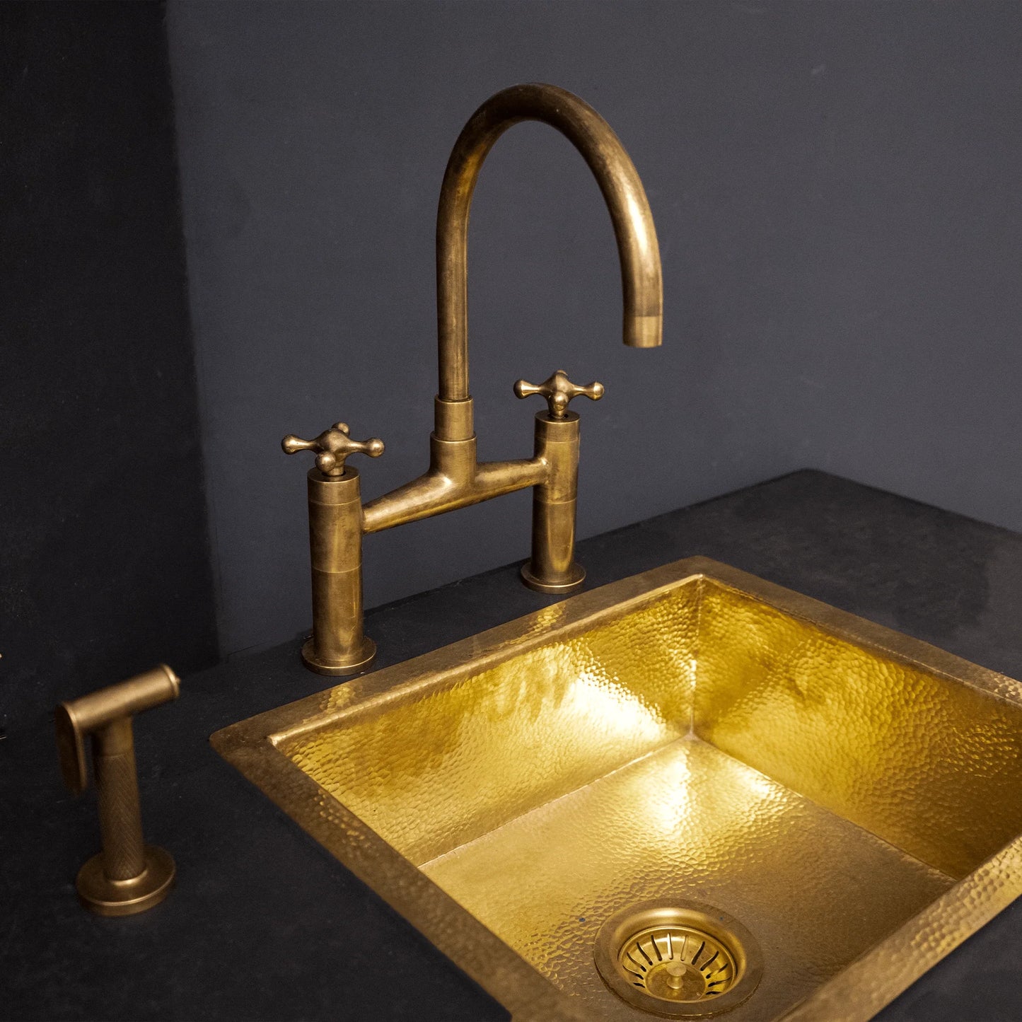 Unlacquered Brass Kitchen Bridge Faucet With Sprayer & Cross Handles