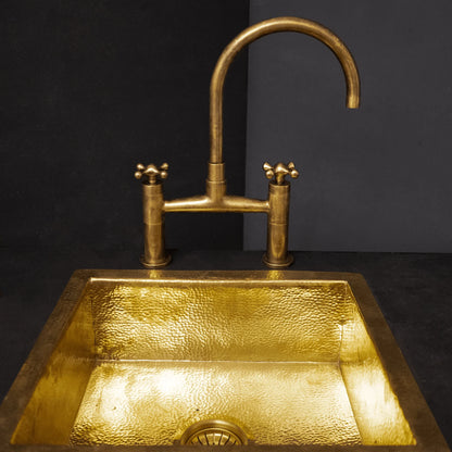 Unlacquered Brass Kitchen Bridge Faucet With Sprayer & Cross Handles