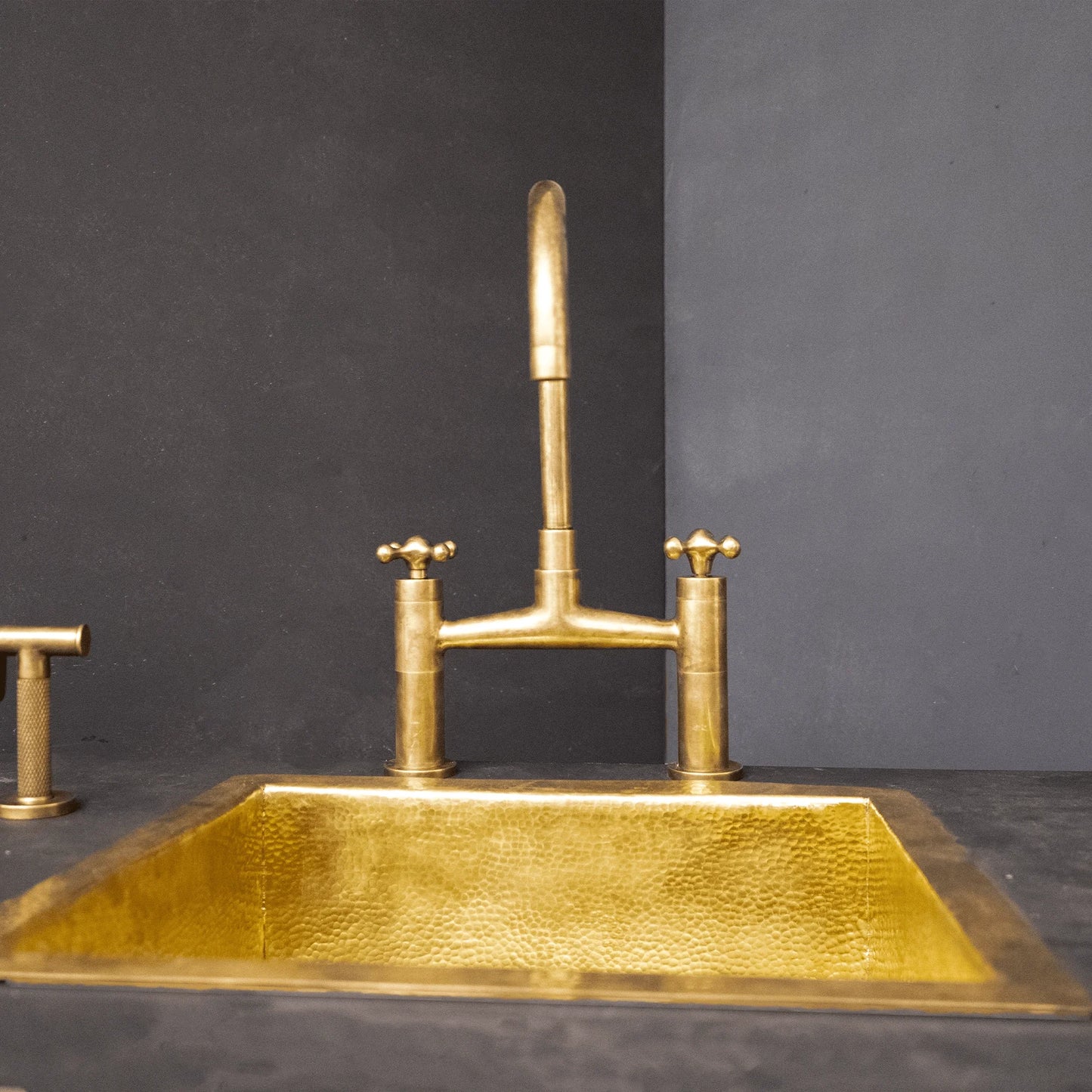 Unlacquered Brass Kitchen Bridge Faucet With Sprayer & Cross Handles