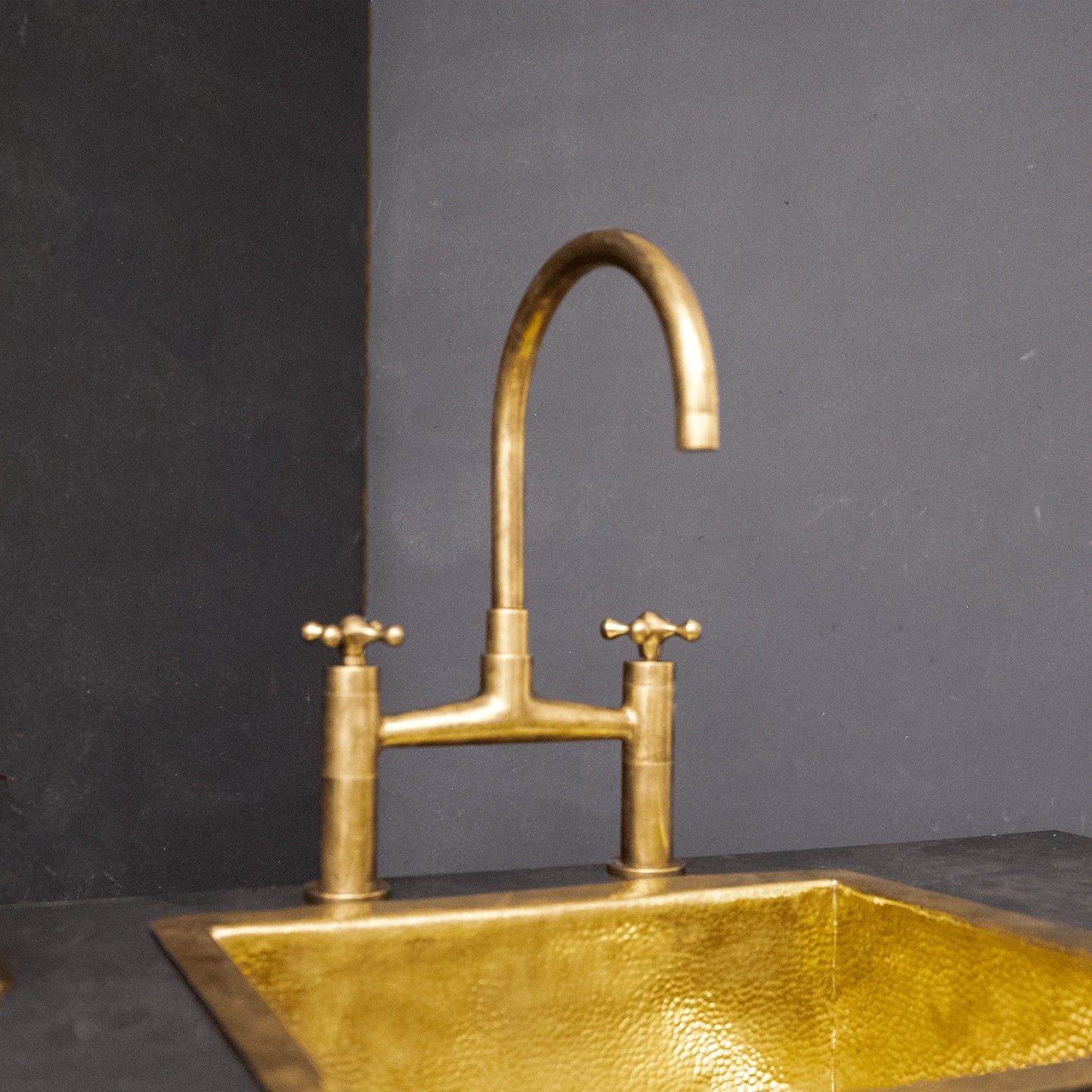 Unlacquered Brass Kitchen Bridge Faucet With Sprayer & Cross Handles