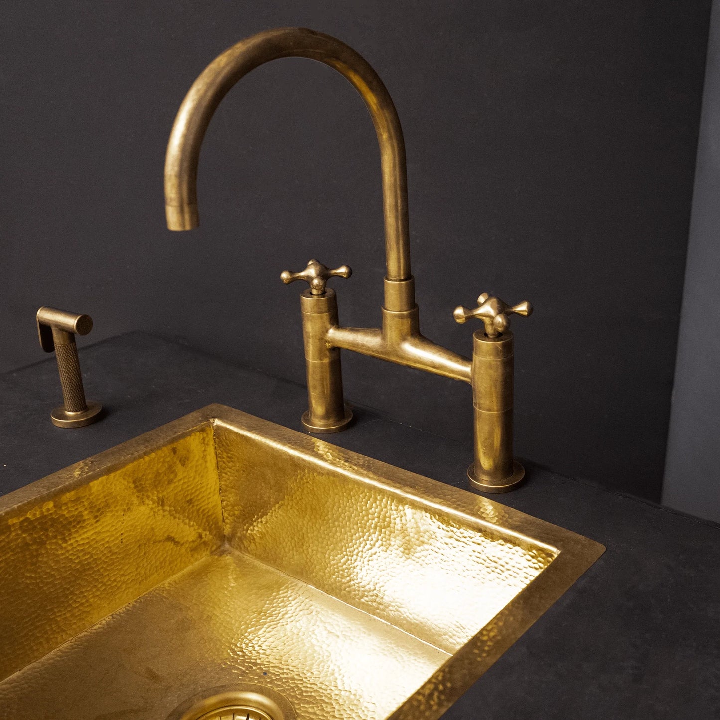 Unlacquered Brass Kitchen Bridge Faucet With Sprayer & Cross Handles